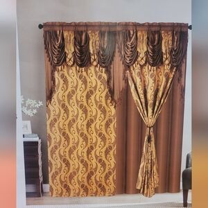 Luxurious Brown and Gold Jacquard Panels With attached valance. 2 Pieces 53"×90"